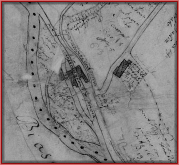 la planimetria del sistema delle acque del Taboga con le due rogge molinare e i tre edifici dei mulini